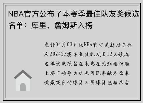 NBA官方公布了本赛季最佳队友奖候选名单：库里，詹姆斯入榜