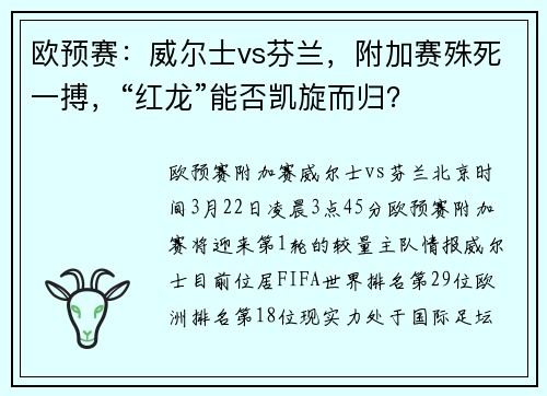 欧预赛：威尔士vs芬兰，附加赛殊死一搏，“红龙”能否凯旋而归？