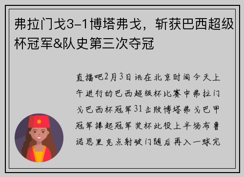 弗拉门戈3-1博塔弗戈，斩获巴西超级杯冠军&队史第三次夺冠